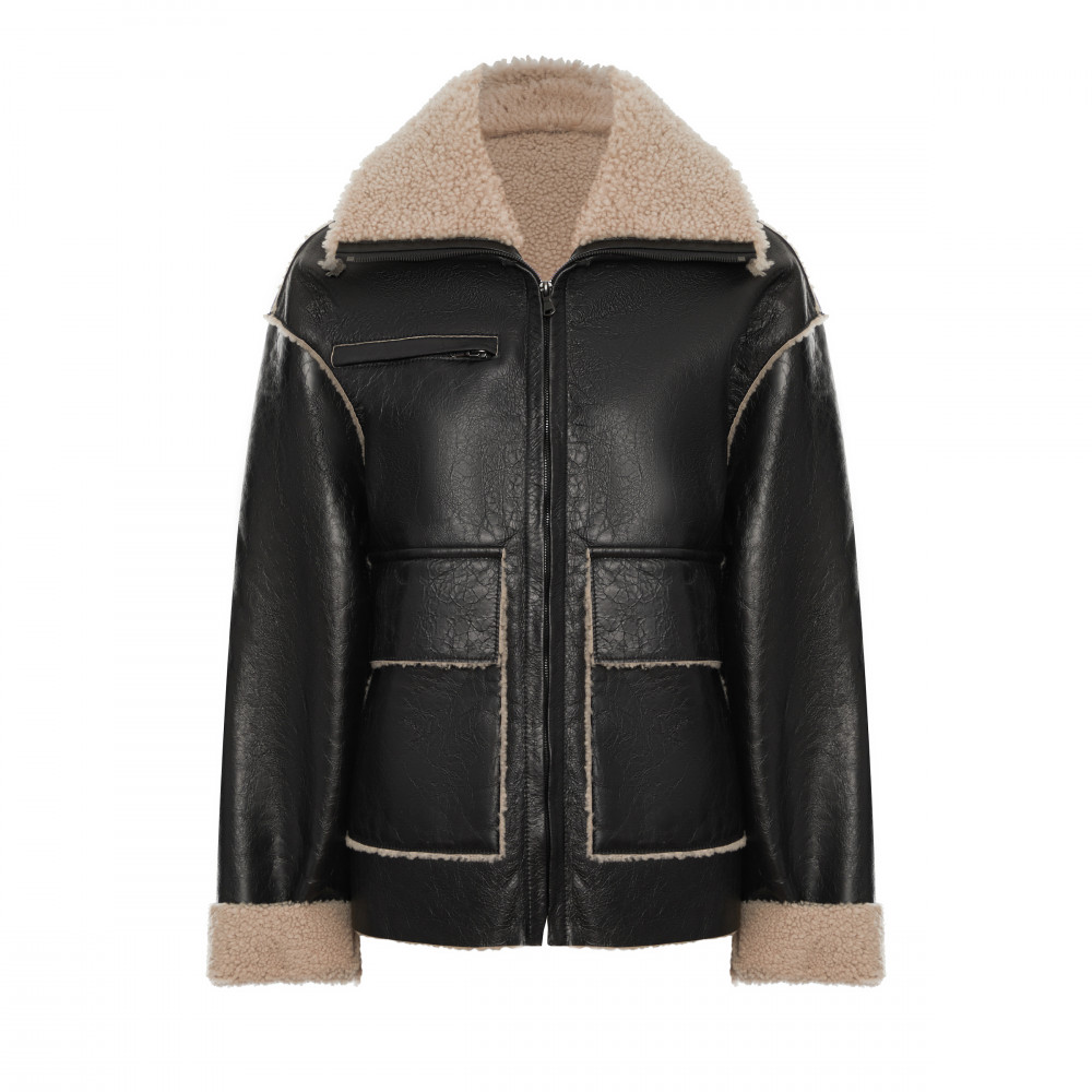 Дубленка пилот из натуральной овчины черная с молочным воротником