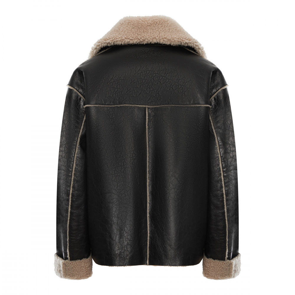 Дубленка пилот из натуральной овчины черная с молочным воротником